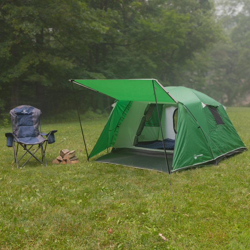 Wakeman Outdoors 4 Person Camping Tent with Attached Porch Canopy and Carrying Bag Green